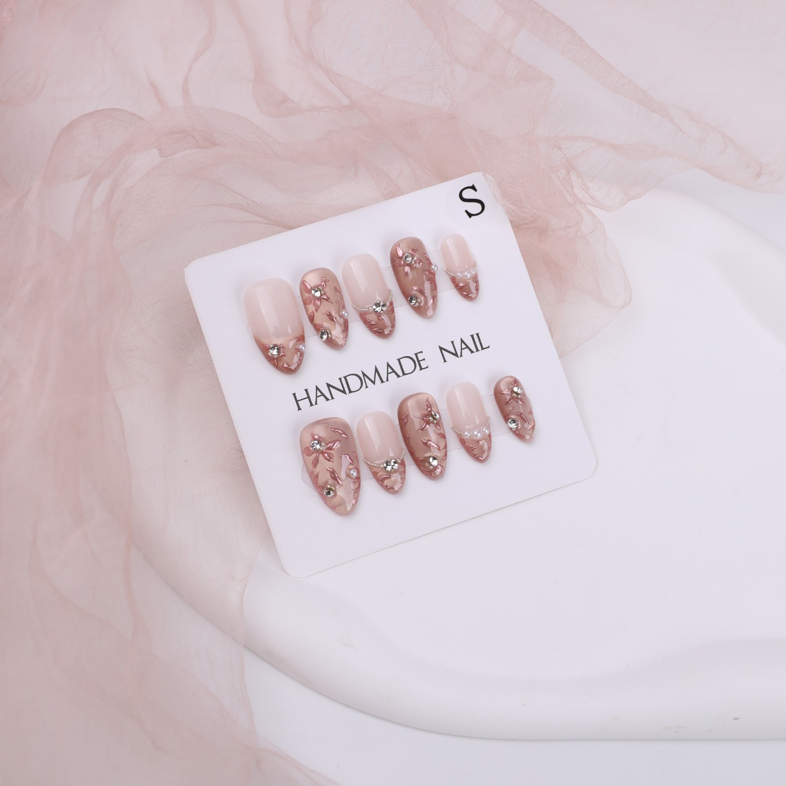 Press On Nails Medium Almond Nude Pink Floral Pearl Rhinestone Wedding Nail Set