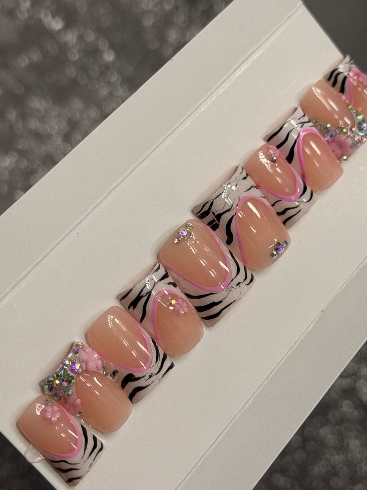🎀 CUSTOM Hard Gel Press On False Nails French ZEBRA 10p Set SHORT DUCK W Kit