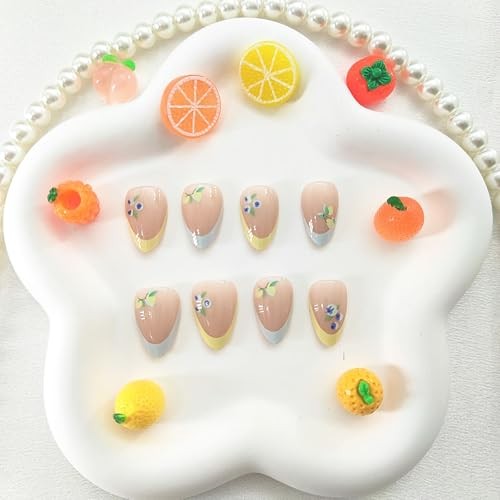 Almond Press on Nails – Short Fake Nails – Yellow Light Blue – French Tip Fruits
