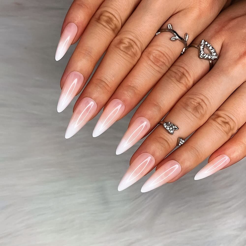 French Ombre Fake Nails – Medium Long Stiletto Almond Press on Nail Tips – 24pcs