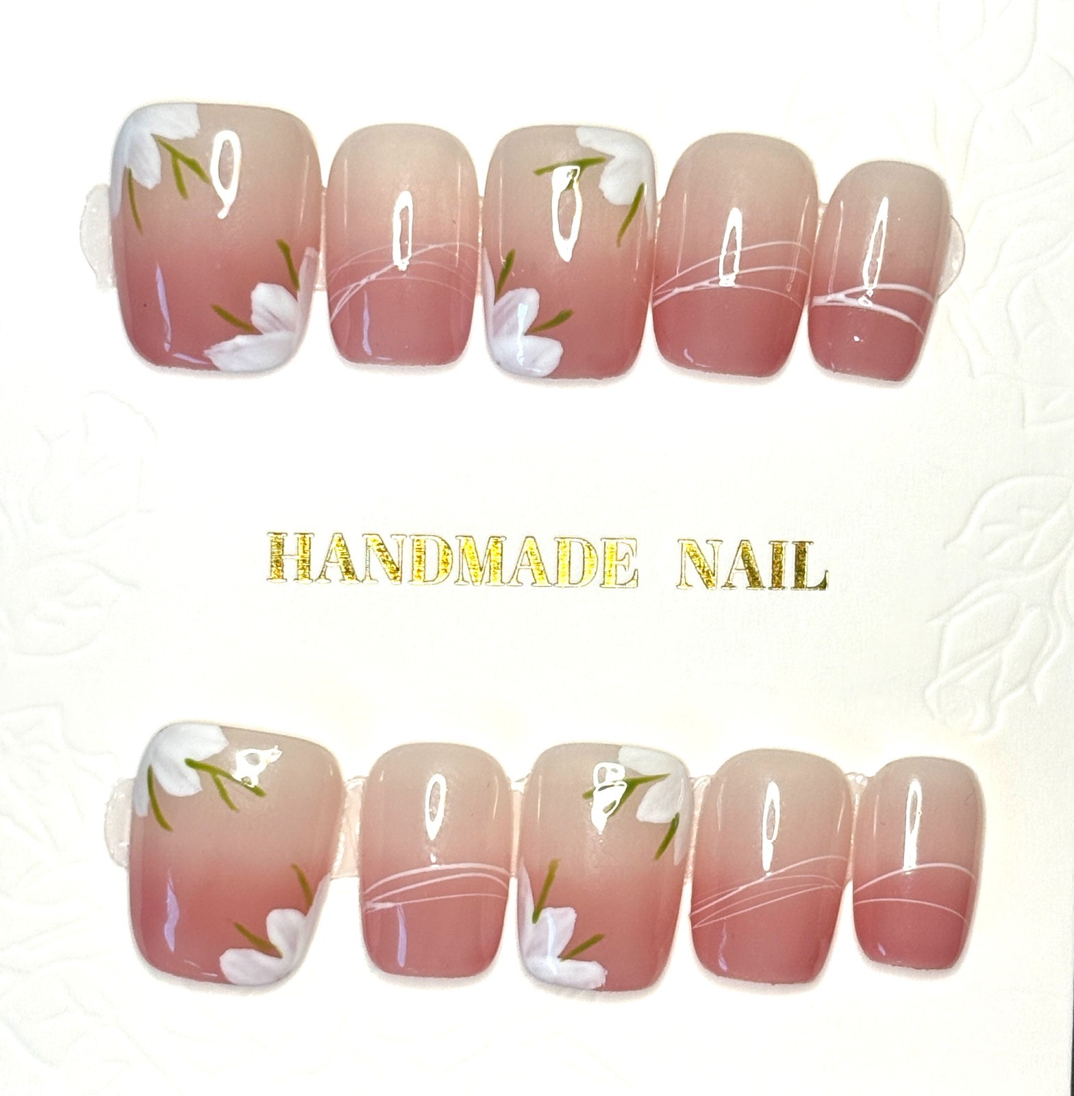 Blush Pink French Tip & White Flower Garland Press On Nails Size L Short