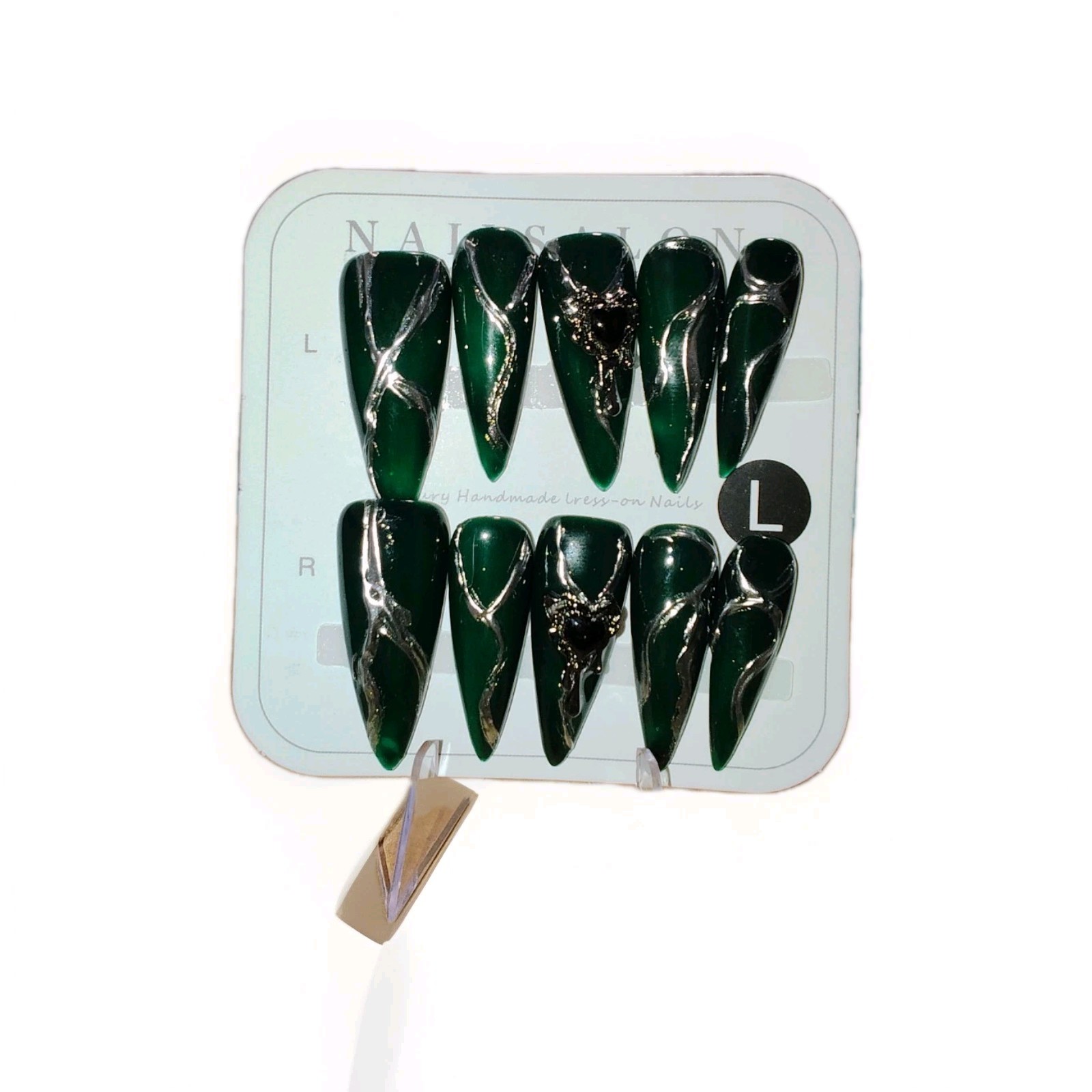 Green Silver Black 3D Stiletto Large Press-On Nails Full Cover
