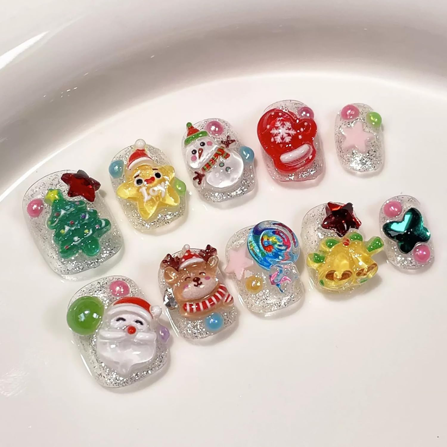10Pcs Handmade Christmas Press on Nails Short Square Fake Nails 3D Santa Claus