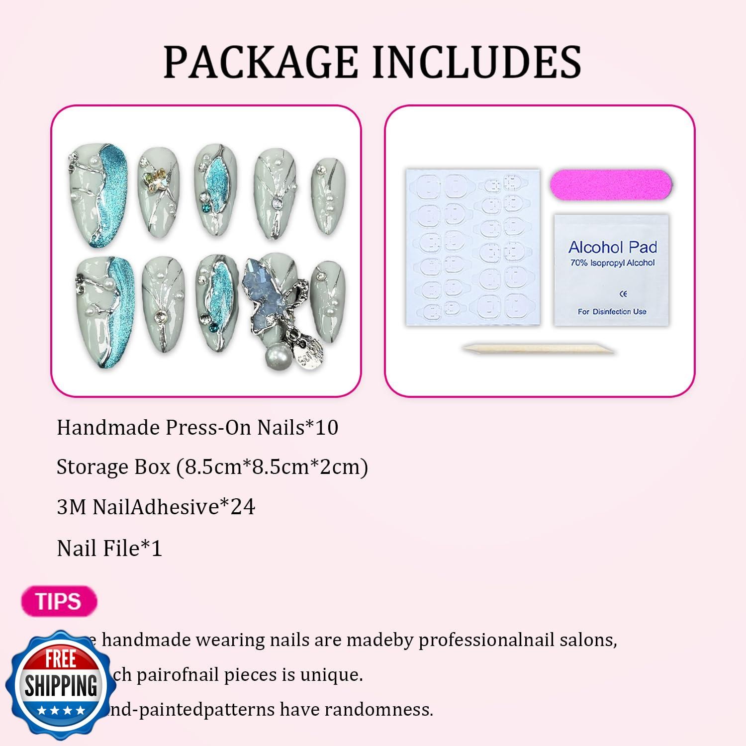 Almond Handmade Press on Nails Blue Glitter Acrylic Nails with 3D Irregular P