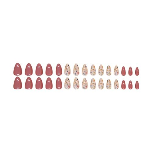 Short Press on Nails Almond Brown Flower Nails Press Ons Extra Short style6