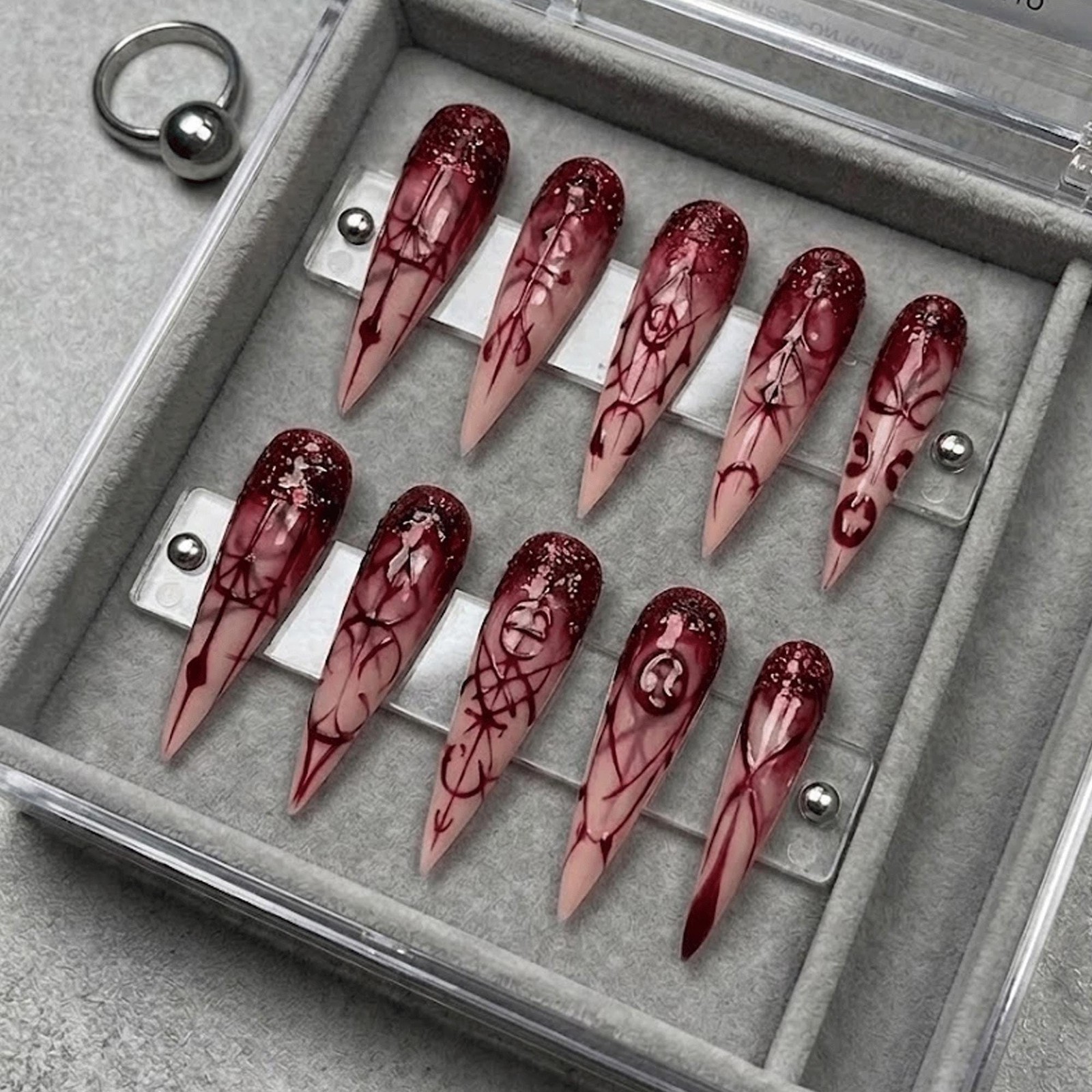 Custom Handmade Halloween Blood Red Gothic Symbol Long Stiletto Press on Nails