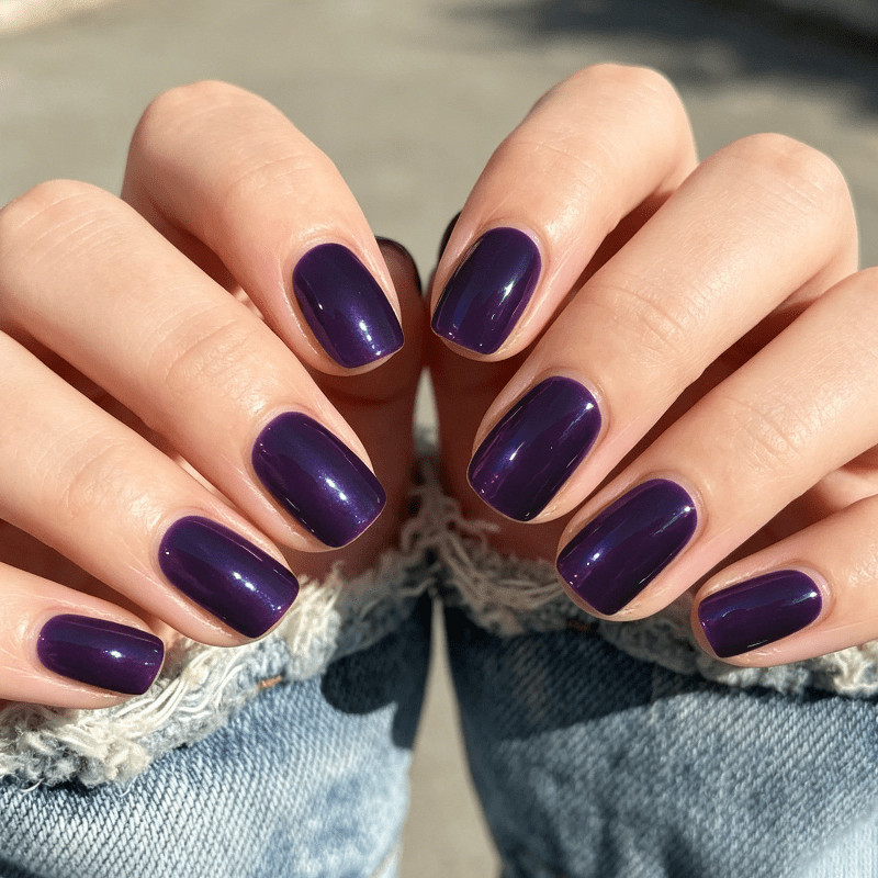 48 Pcs Dark Purple Short Square Press on Nails, Elegant Warm Nude Fake Nails