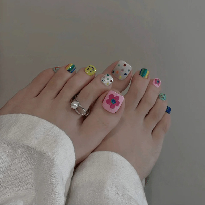 48Pcs Rainbow Dot Floral Toe Short Square Press on Nails,Bright Sweet Fake Nails