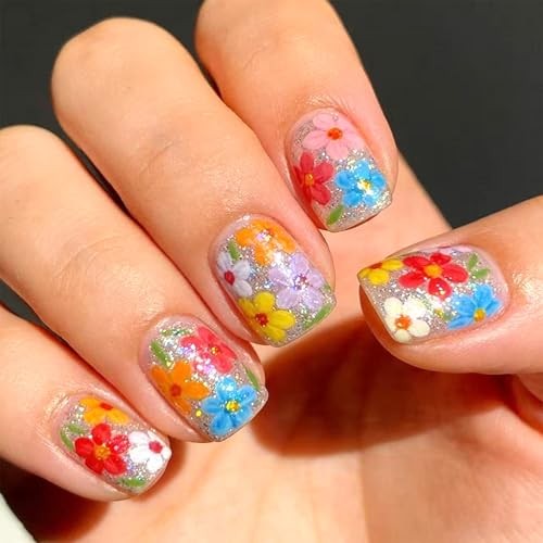 Summer Flowers Press on Nails – Short Square False Nails with Colorful Flowers