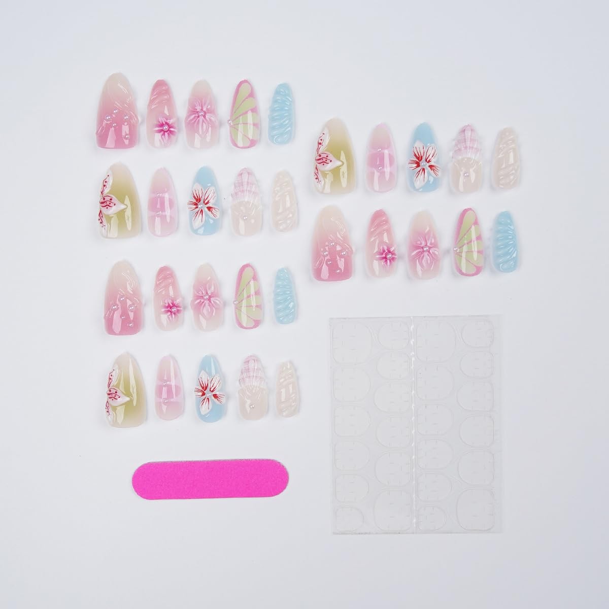 30Pcs Spring Flower Press on Nails Medium Almond Shape Pink Blue Floral Fake …
