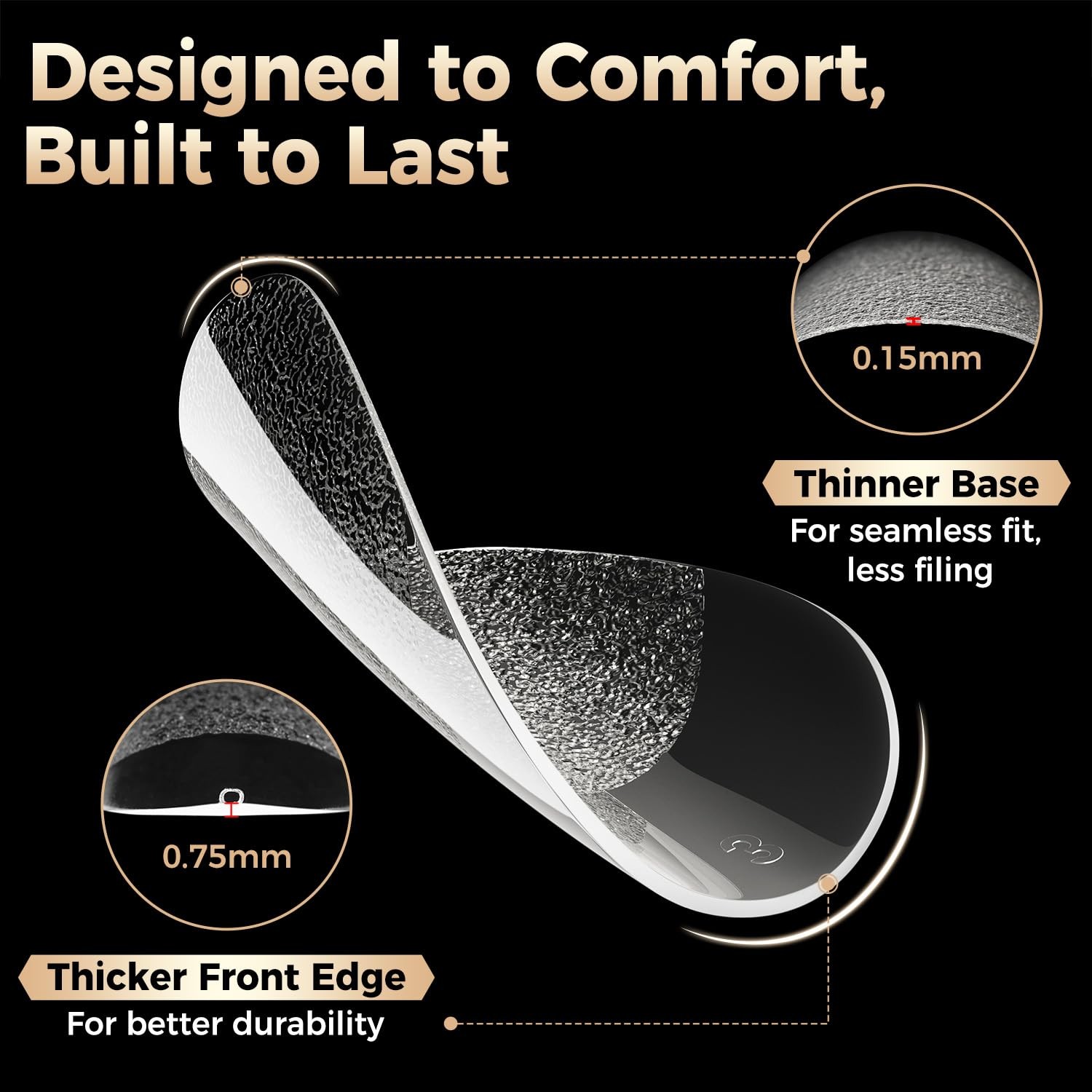 Short Oval Round Nail Tips: 504Pcs Tri-Layer Core Soft 12 Sizes, black, white