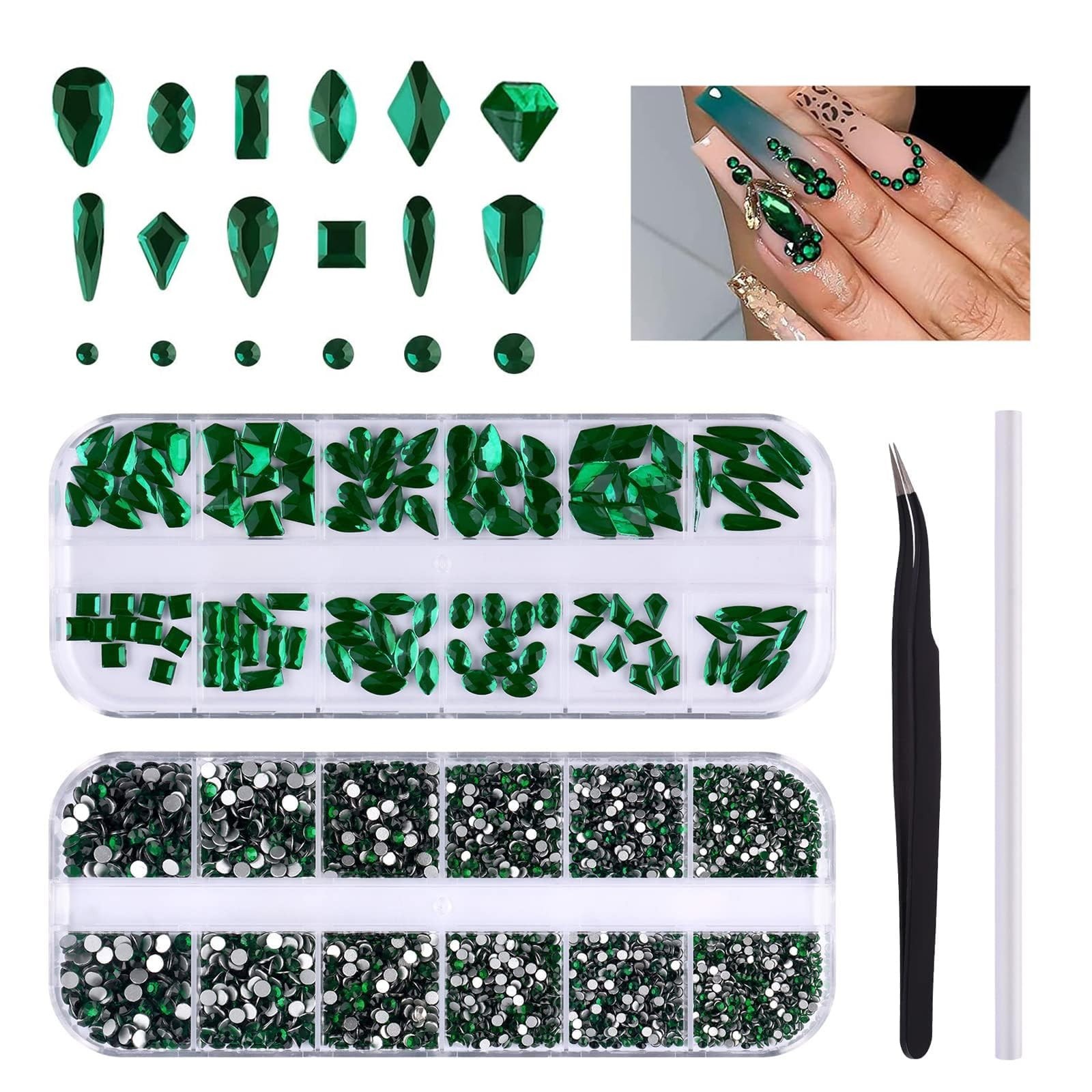 EBANKU 3120 Pcs Green Gems Nail Art Rhinestone Kit, Emerald Green Rhinestones…