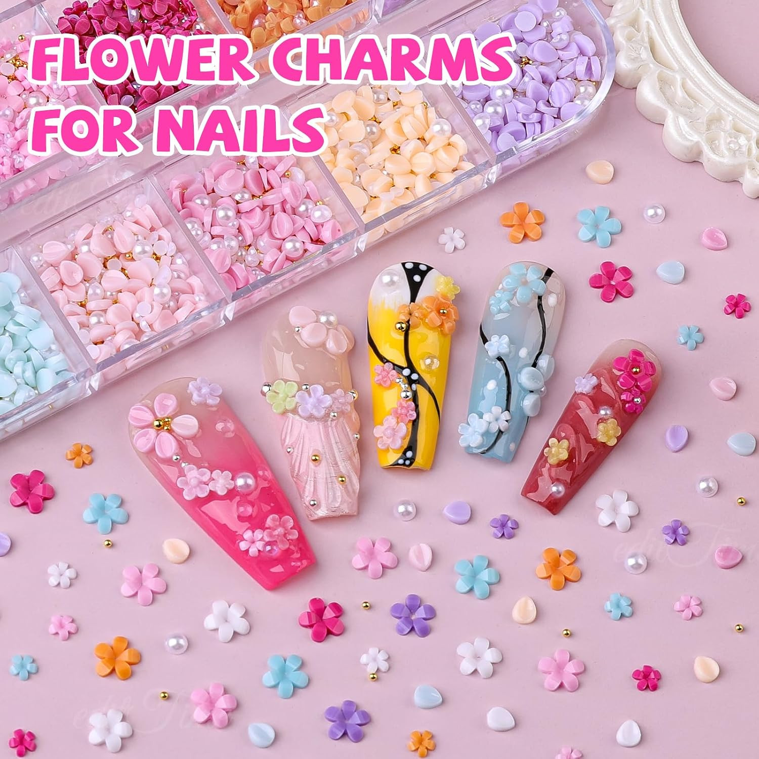 3D Flower Nail Charms, 2 Boxes 3D Flower Petals Nail Art Charms and Gems Cute Co