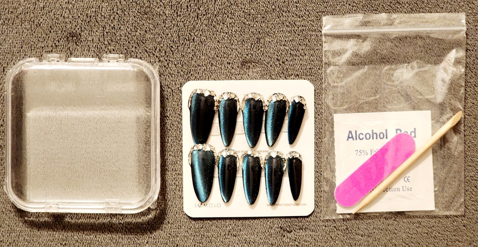 Long Blue Cats Eye Almond Press on Nails With Glue Tabs Bling Reusable New Small