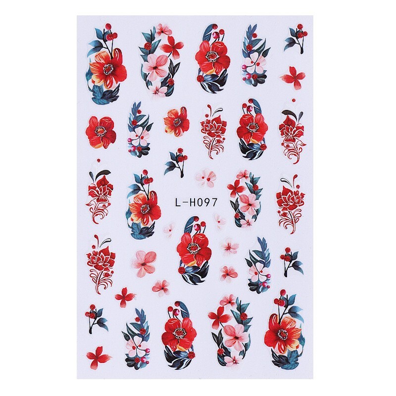 3Sheets Red Nail Art Stickers Decals Hibiscus Cherry Flowers Floral Wasp NH28