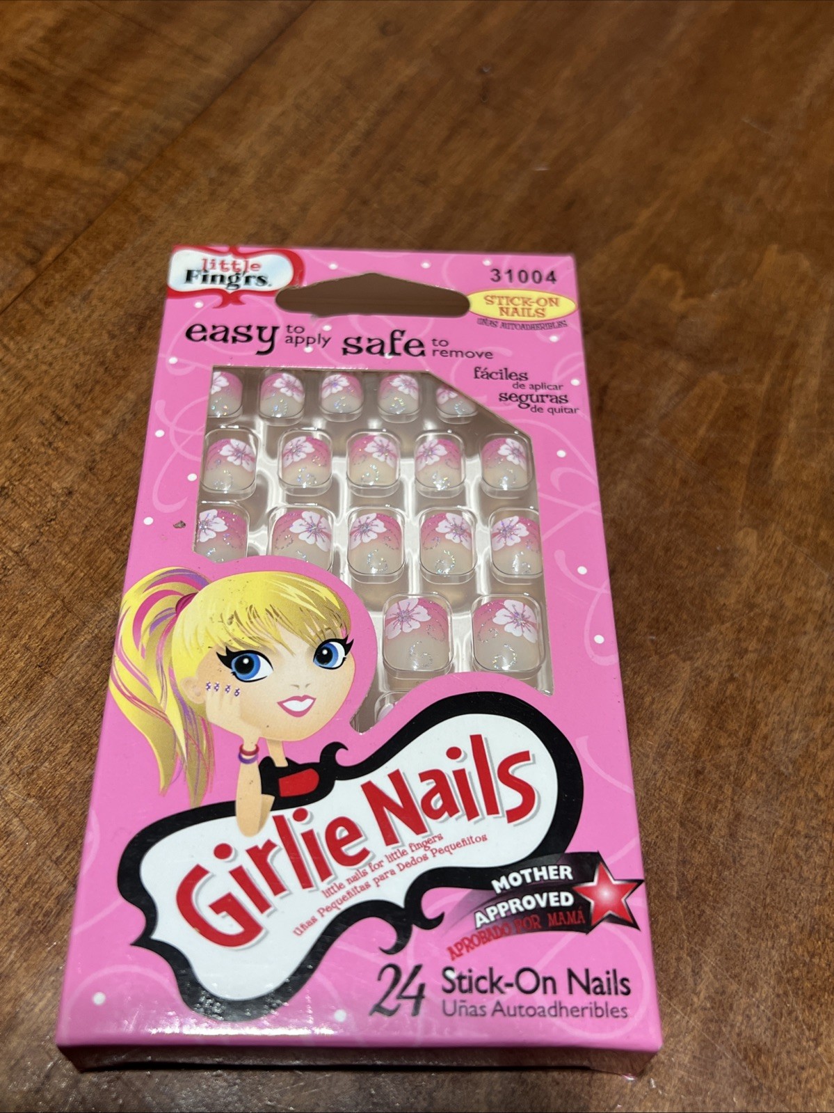 Little Fingr’s GIRLIE NAILS #31004 24 Stick-On Nails STARS Green+Pink+White