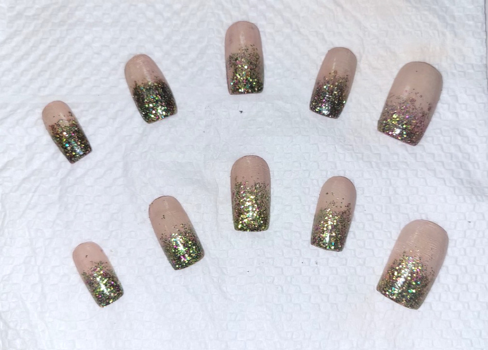 press on nails| Baby-Glam glittler| Green Nude| Large| Handmade Acrylic Full Set