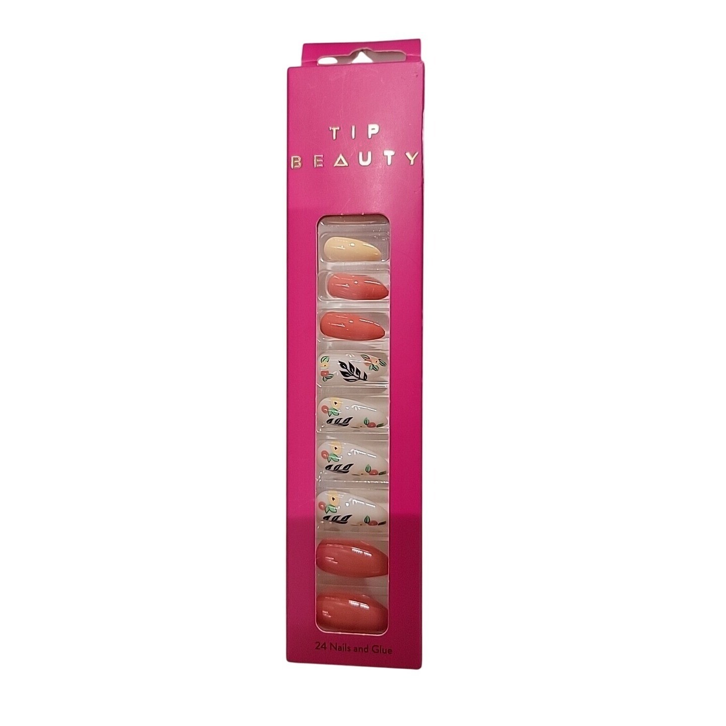 Tip Beauty Press On Nails Floral Botanical Peach Coral Long Almond Shape 24 NIB