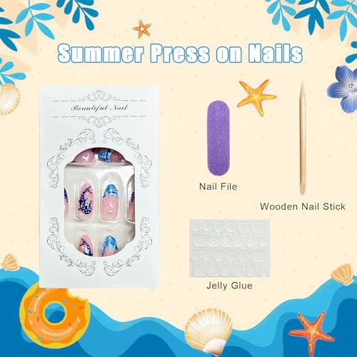 Summer Press on Nails – Short Almond Fake Nails with Shine Pearl Polka Blue Fish