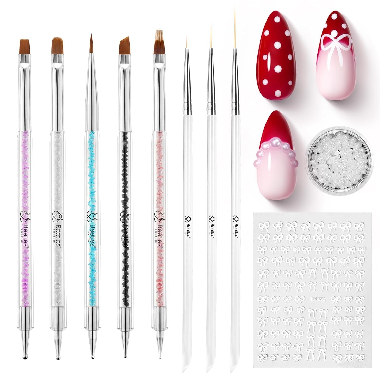 Luxury 8 Piece Nail Art Brushes with Stickers and Pearls for Home Salon
