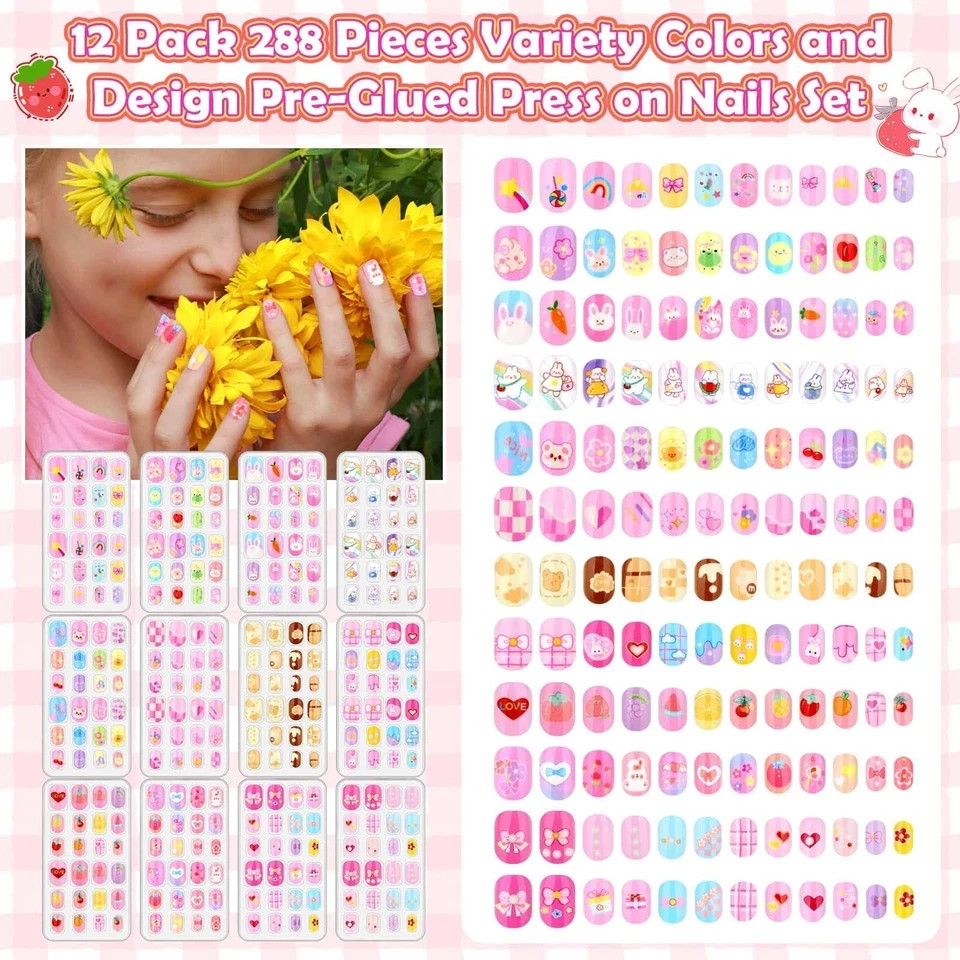 288 Pieces Kids Stick on Nails Girls, Acejoz Fake Nails Set Self Adhesive Press