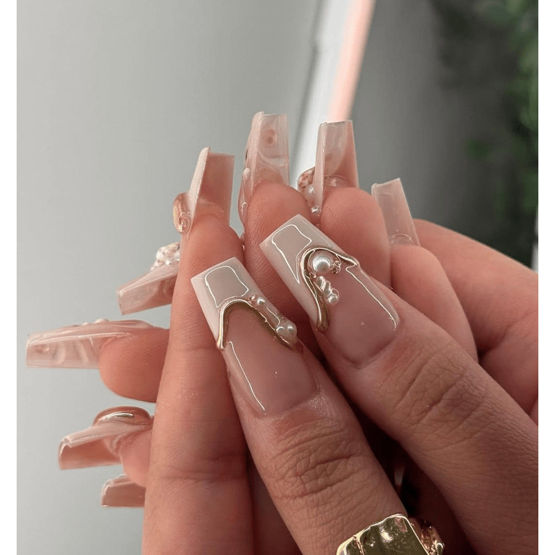 Nude White Shell Handmade Press on Nails Pearl Gold Wire Wave Gloss Fake Nails