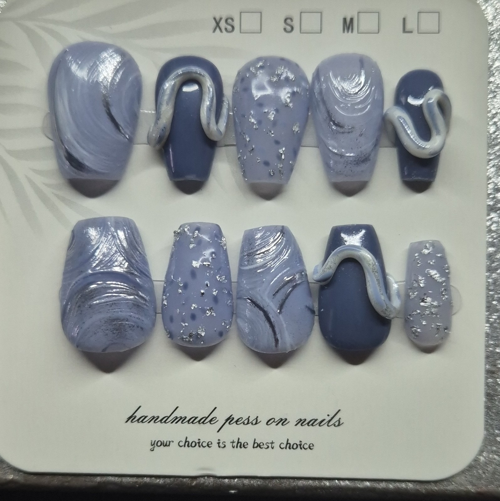 Blue Silver Glitter Abstract Short Coffin Press-On Nails Set Pre-Designed