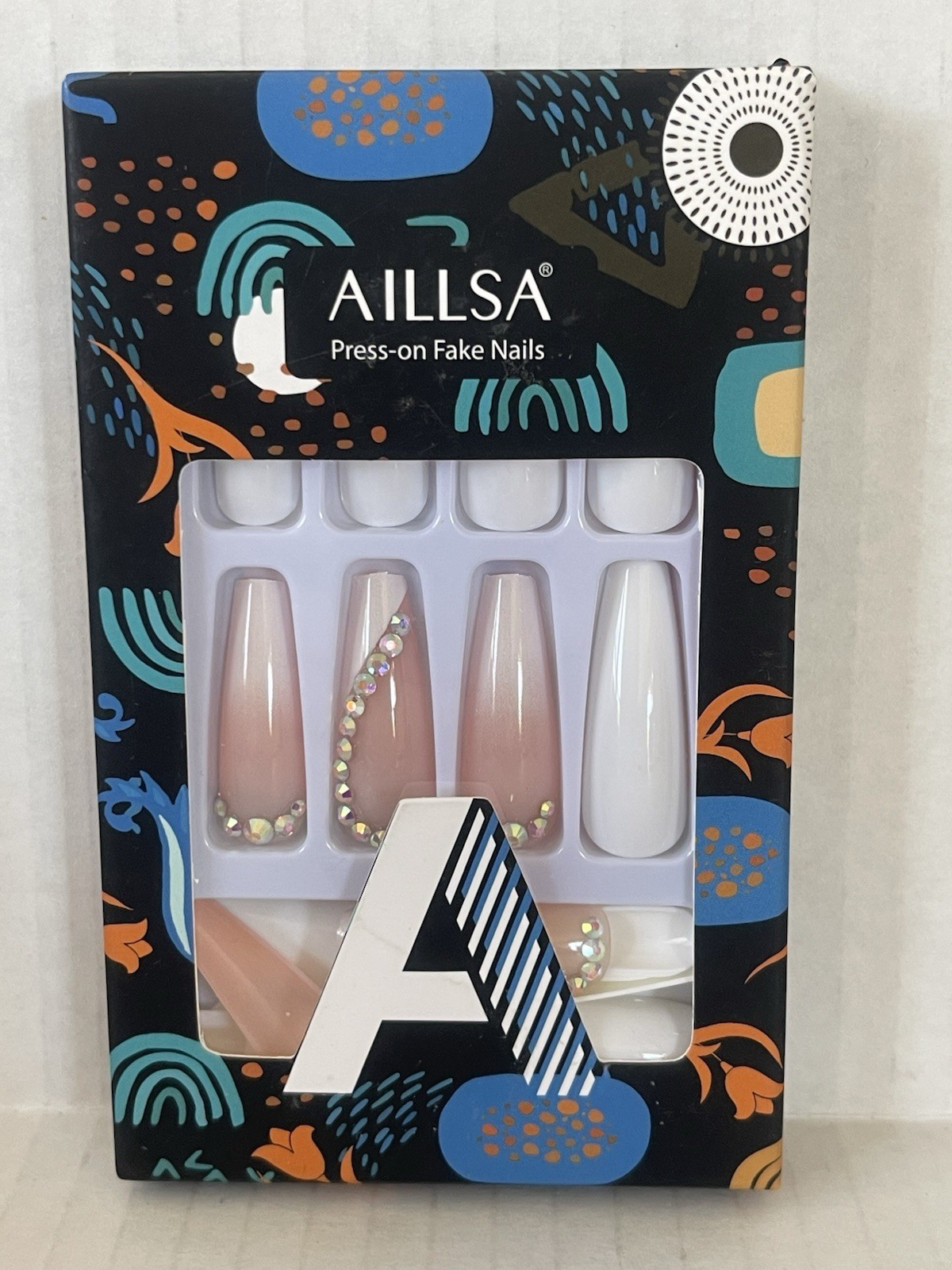 AILLSA Press On False Nails White & Nude Coffin Rhinestone 24pc Kit New In Box