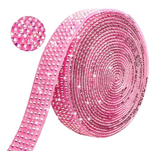 Self Adhesive Rhinestone Ribbon Crystal Strips, 3 Yards Width-0.43 inch Pink AB