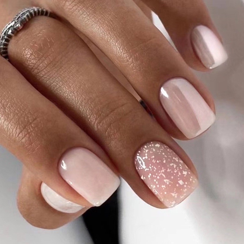 Square Nude Pink | White Glitter & Vertical Stripe Elegant False Nails