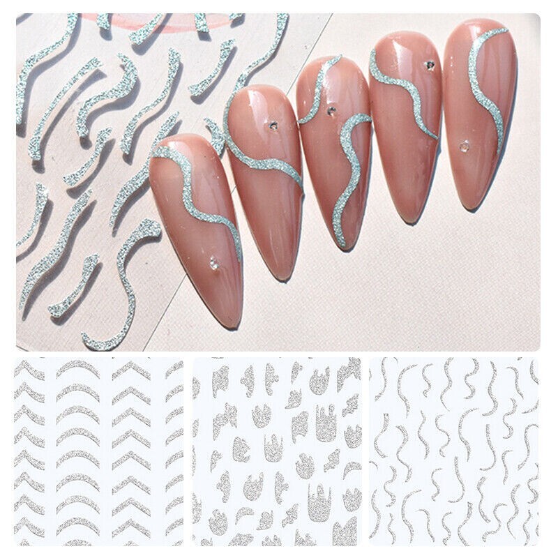 3D French Line Shiny Silver Nail Tip Decals Glitter Diamond Manicure Beauty NS13