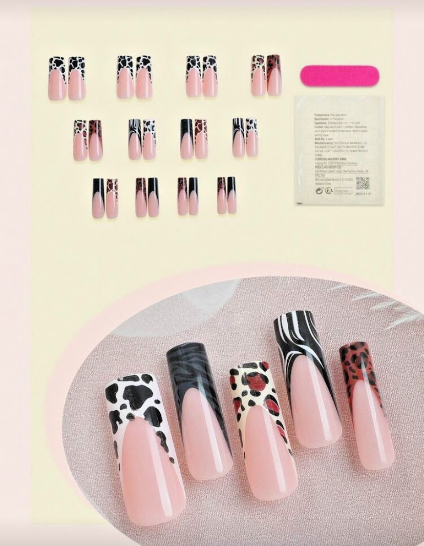 24pcs Long Square Colorful Animal Print French Manicure – Press-On Nails New
