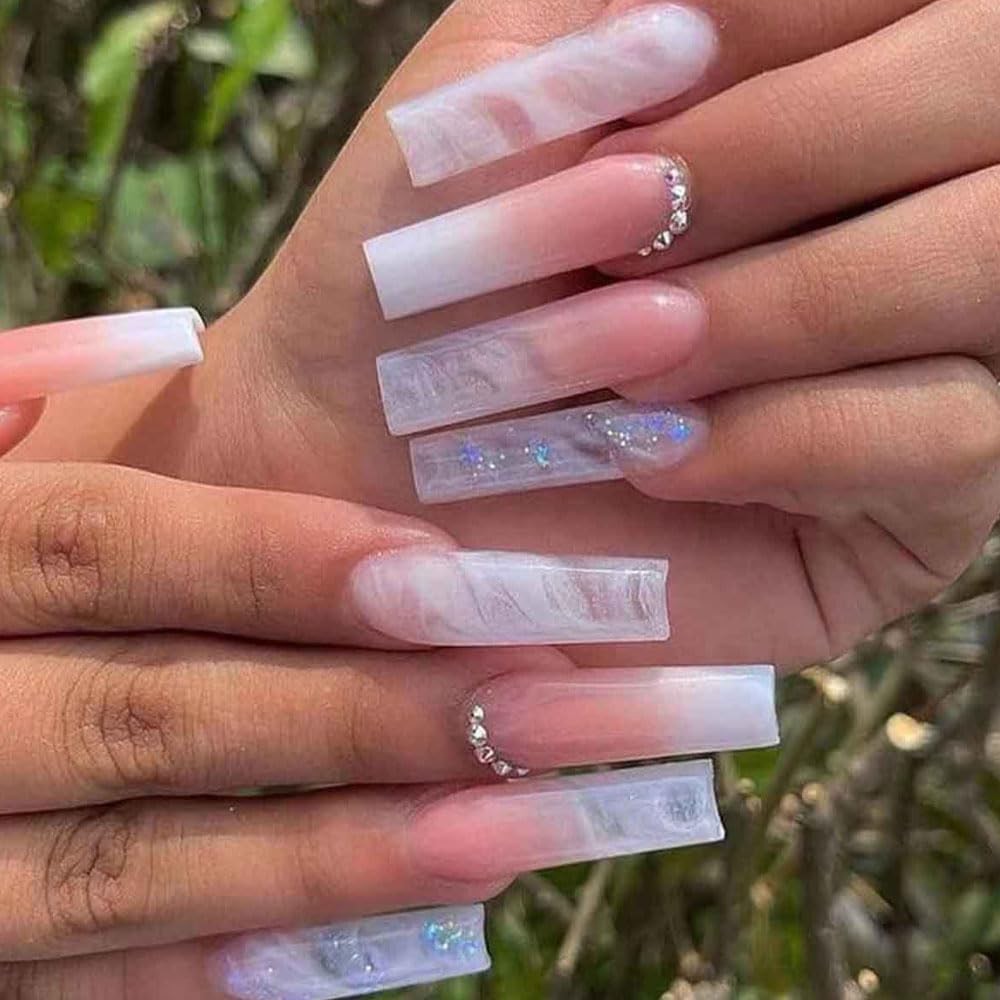 Ombre Pink White Press on Nails Long, with Rhinestones A01