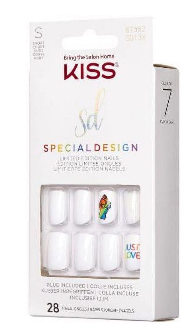 NEW KISS SHINY WHITE GLUE-ON SHORT LENGTH PRIDE NAILS JUST LOVE RAINBOW COLORS