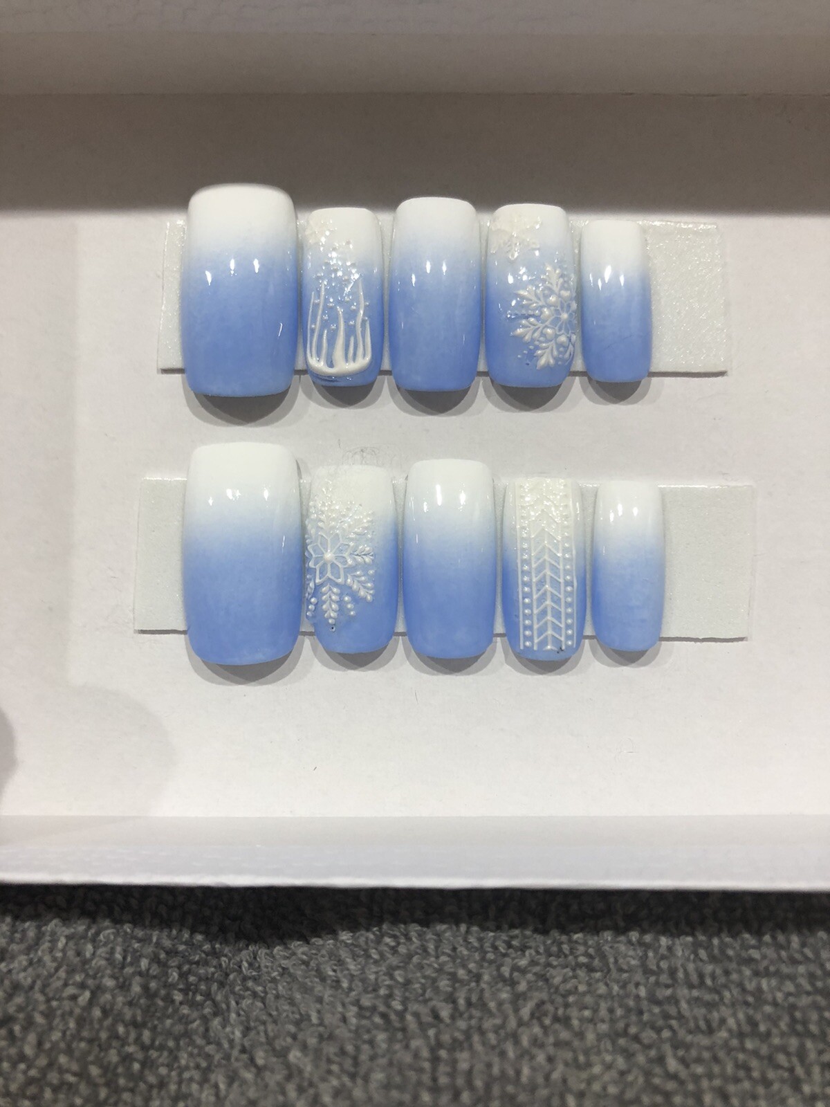 blue and white ombre press on nails with snowflakes