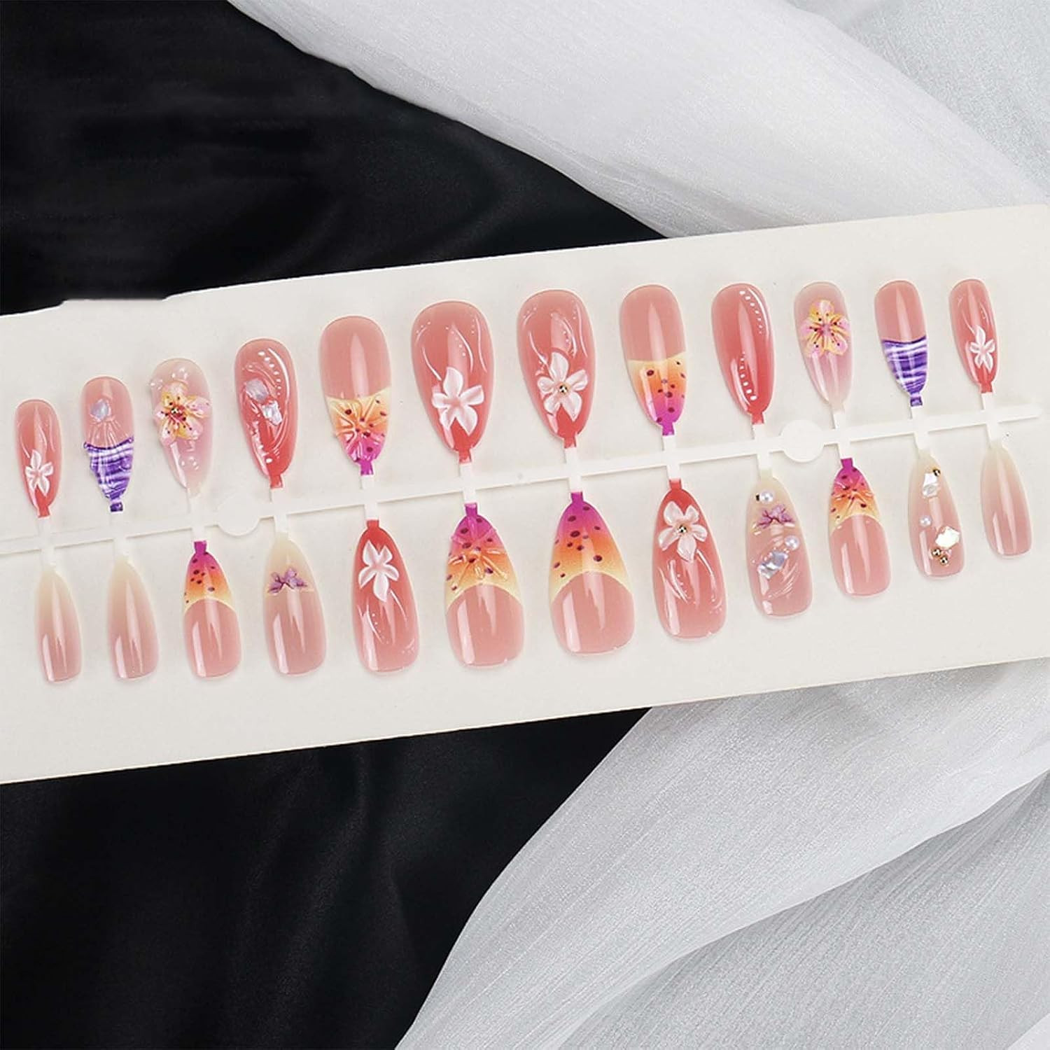 24Pcs Colorful Flower Press on Nails Medium Almond Fake Nails with 3D Butterfly