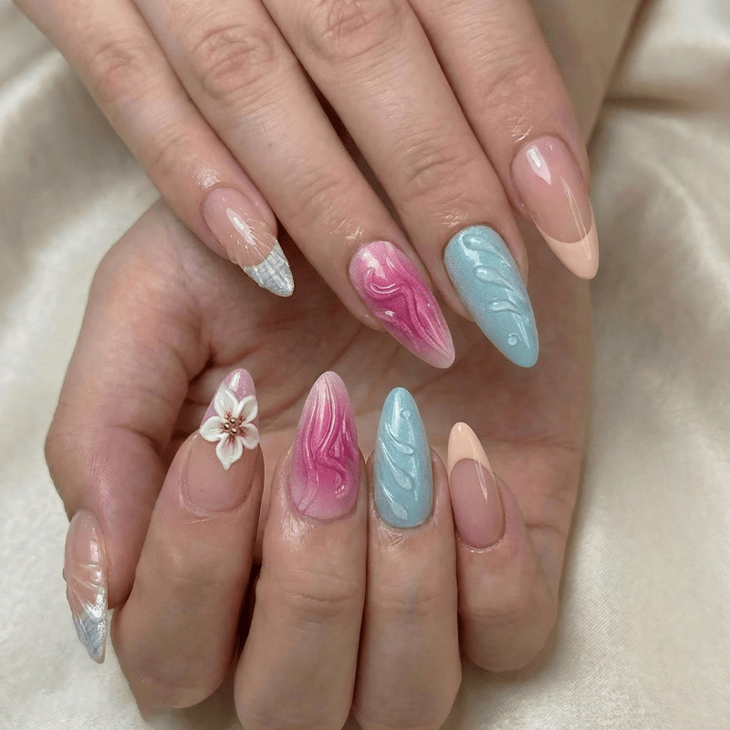 48pcs Stiletto Press on Nails, Pink Blue Swirl 3D White Flower Gloss Nails