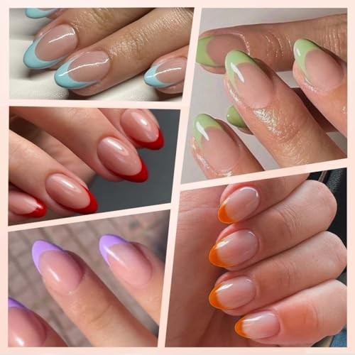 216 Pcs French Tip Press on Nails Meidum Medium Almond 9 Color French Tips