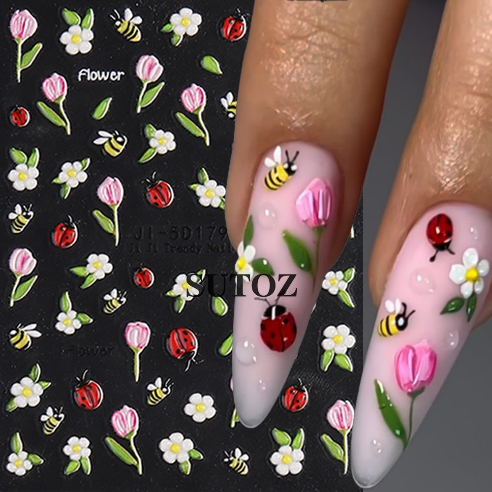 Ladybug Nail Art Stickers 3D Animal Bird Bee Decal Daisy Turnip Flower JI5D179
