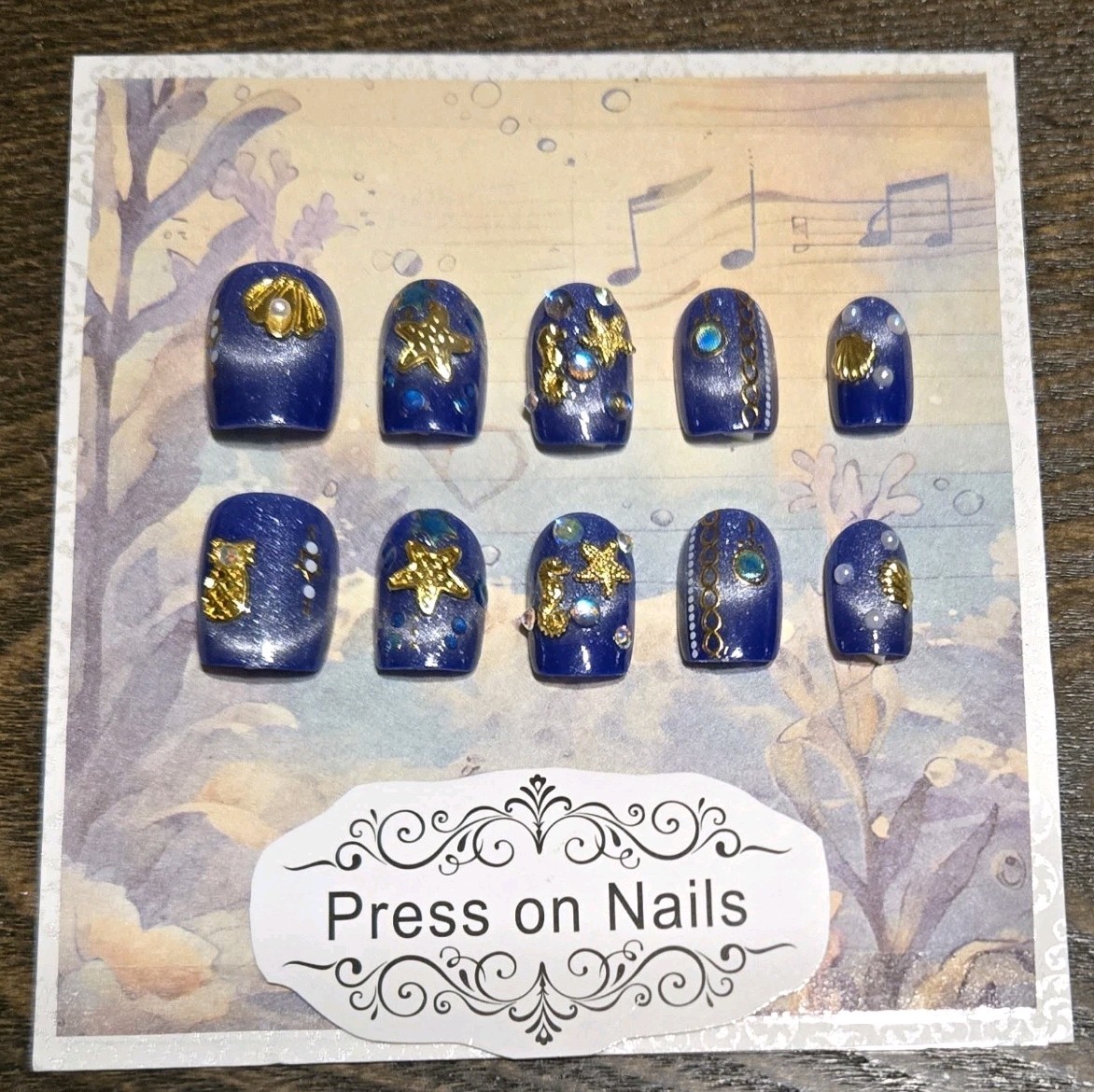 Blue Gold Beach Press On Nails Seahorse Shells Starfish Pearls Bubbles Decorated