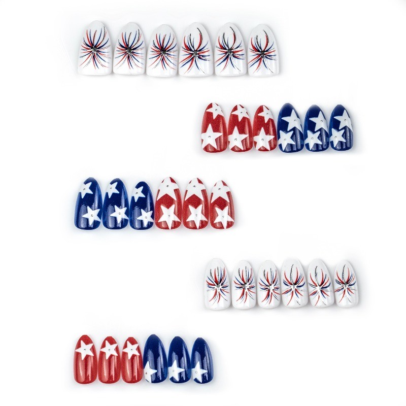 48pcs-4th of July Star Press on Nails, Almond Red White Blue with Fireworks