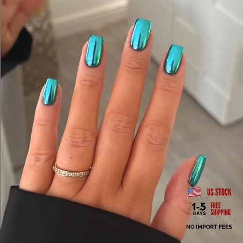 Mirror Metal Teal Blue Press on Nails – Medium Short – Square Chrome Square Teal