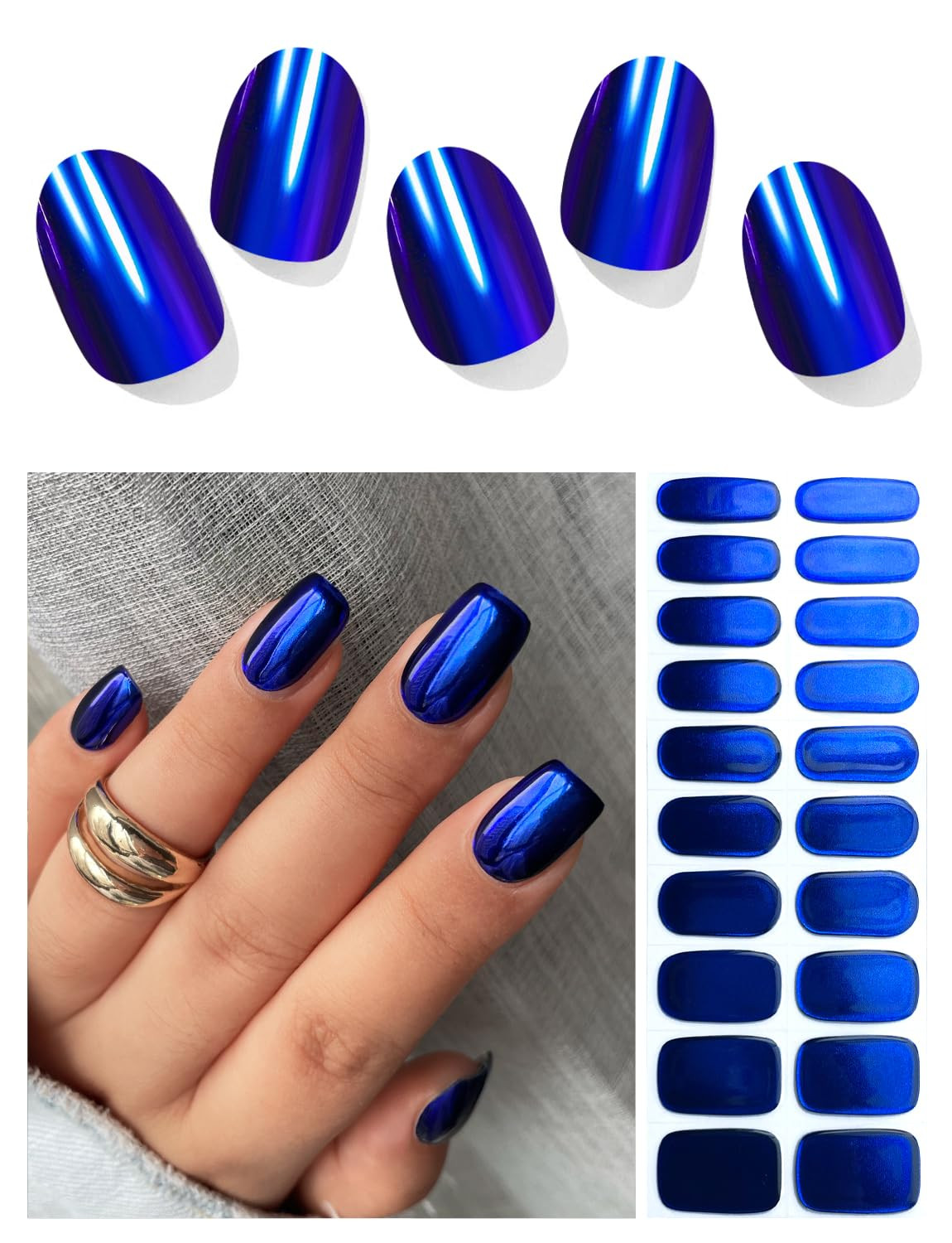 Semi Cured Gel Nail Strips (Blue Mirror), Chrome, 20 Pcs Gel Nail Wraps, Sticker
