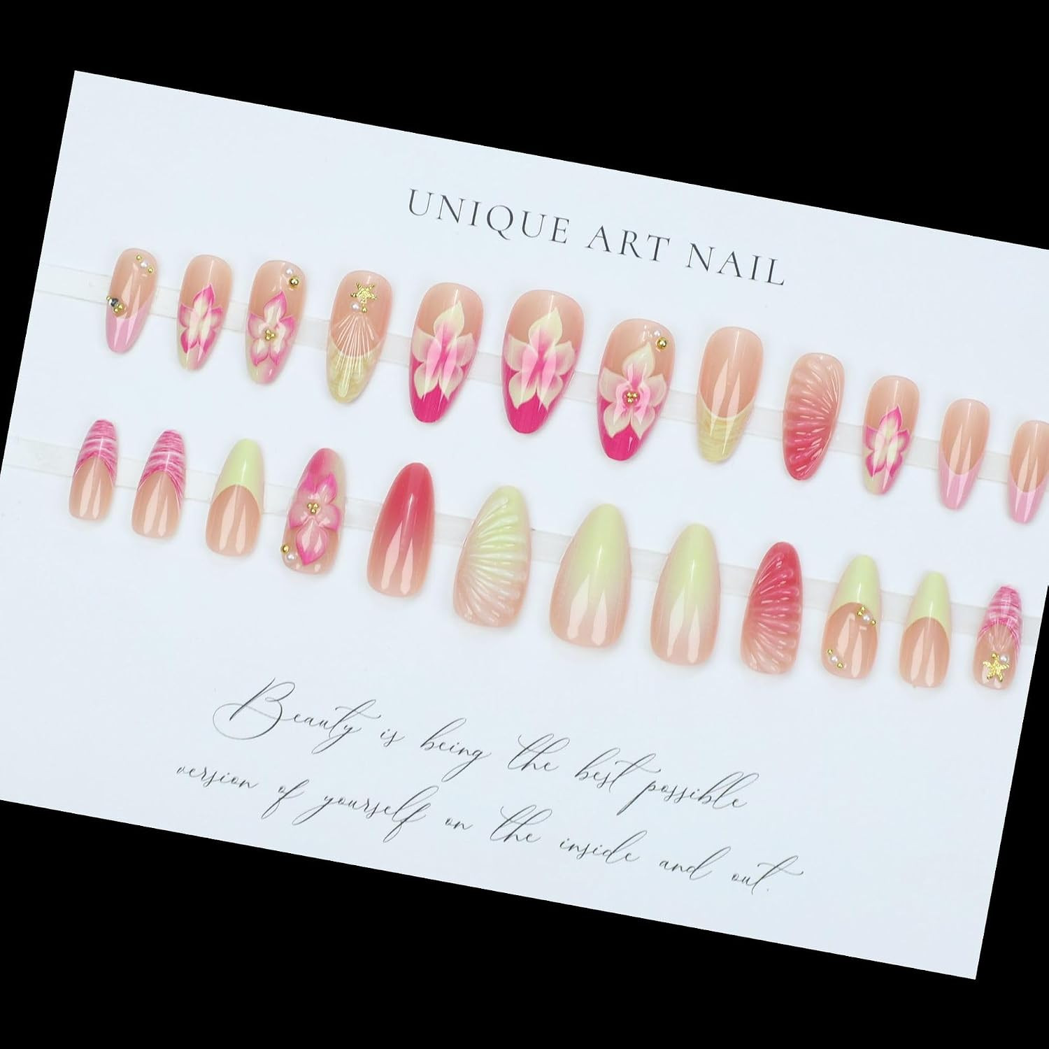 3D Flower Press on Nails Almond Summer Spring Pink Nails Press on French Fake Na