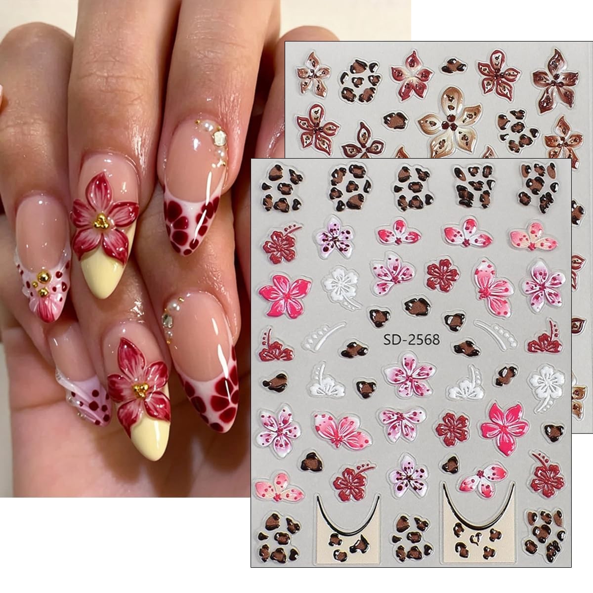 Leopard Print Flower Nail Art Stickers, 3 Sheets