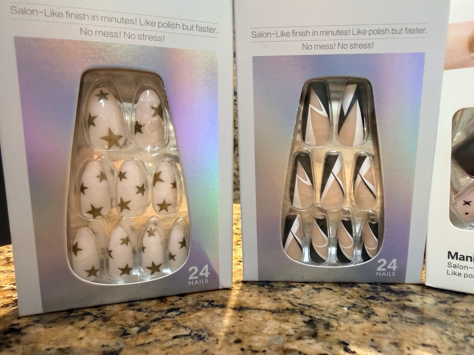 LOT OF 3 Fake Nails Set Black White Stars Embellished Pink 1A