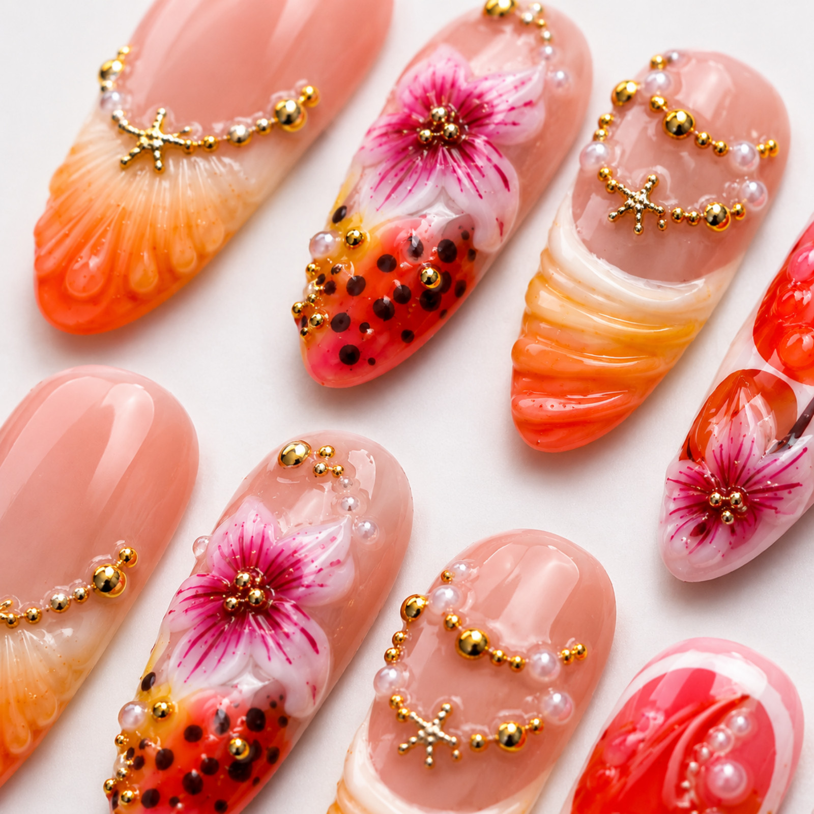 Handmade Tropical Floral Press On Nails Pink Orange Pearl Starfish