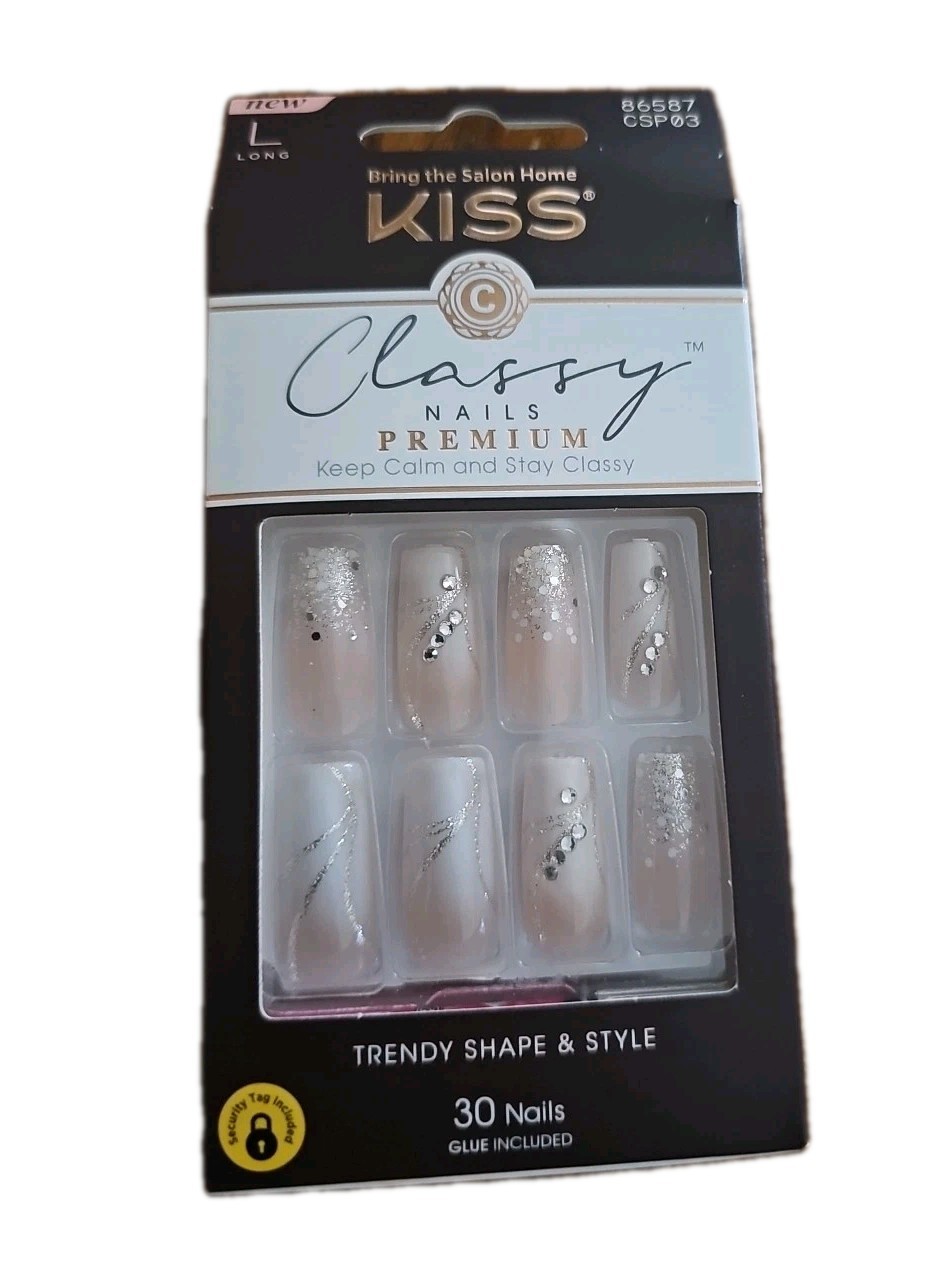 KISS Classy Premium Press On Nails Long French Rhinestone 30 Nails Glue Included
