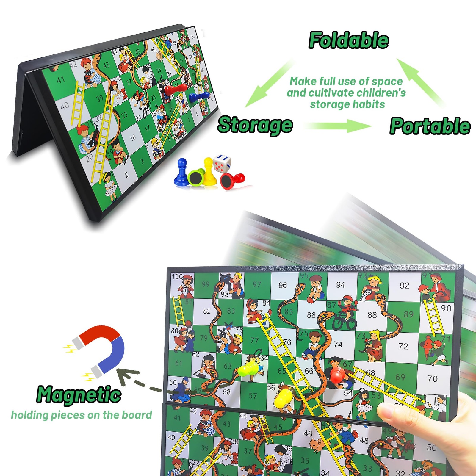 KIDAMI Magnetic Snakes and Ladders Board Game Set, Folding Portable Medium