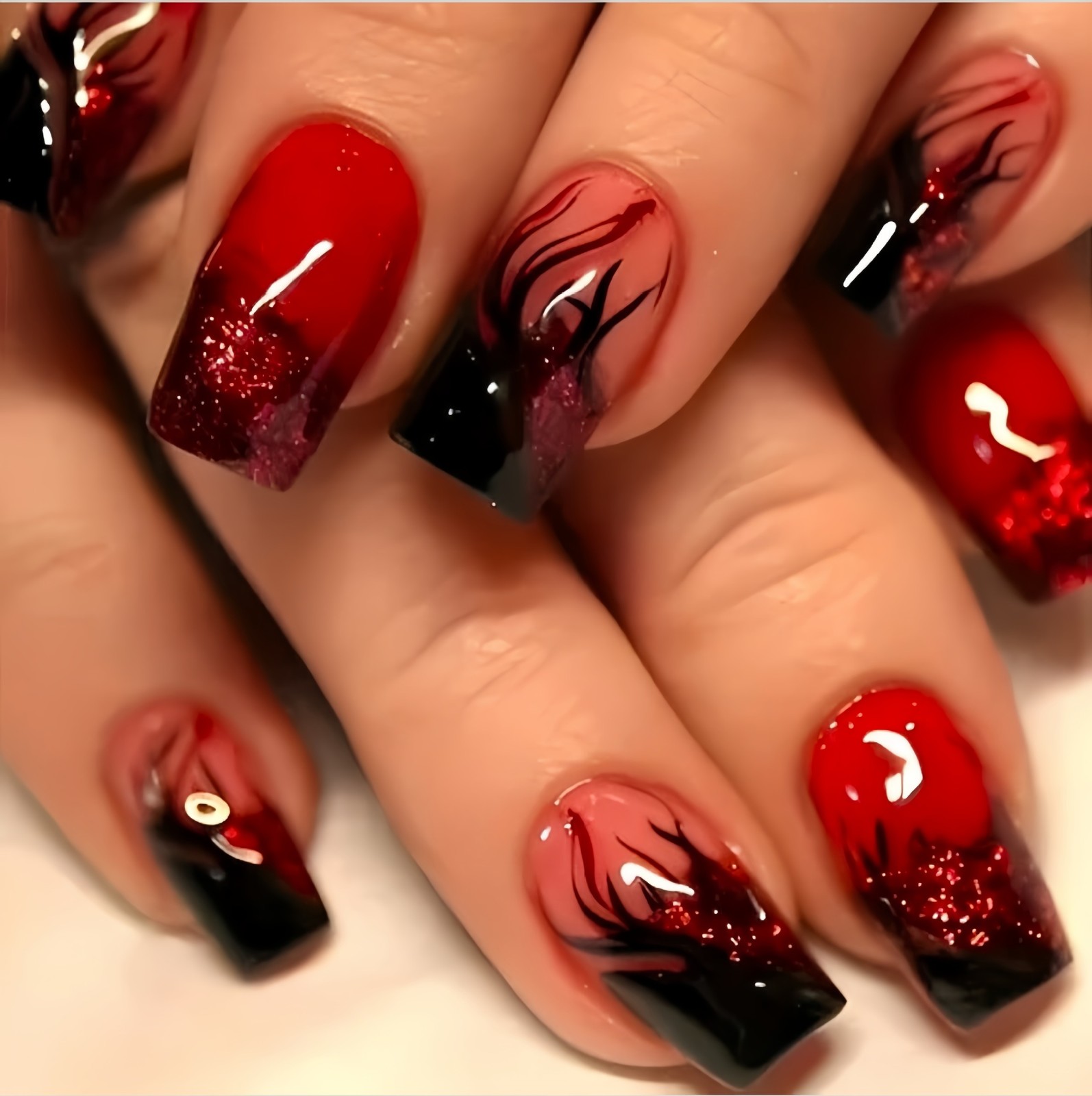 Red Black Gradient Flame Glitter Press On Nails Gothic Rectangle